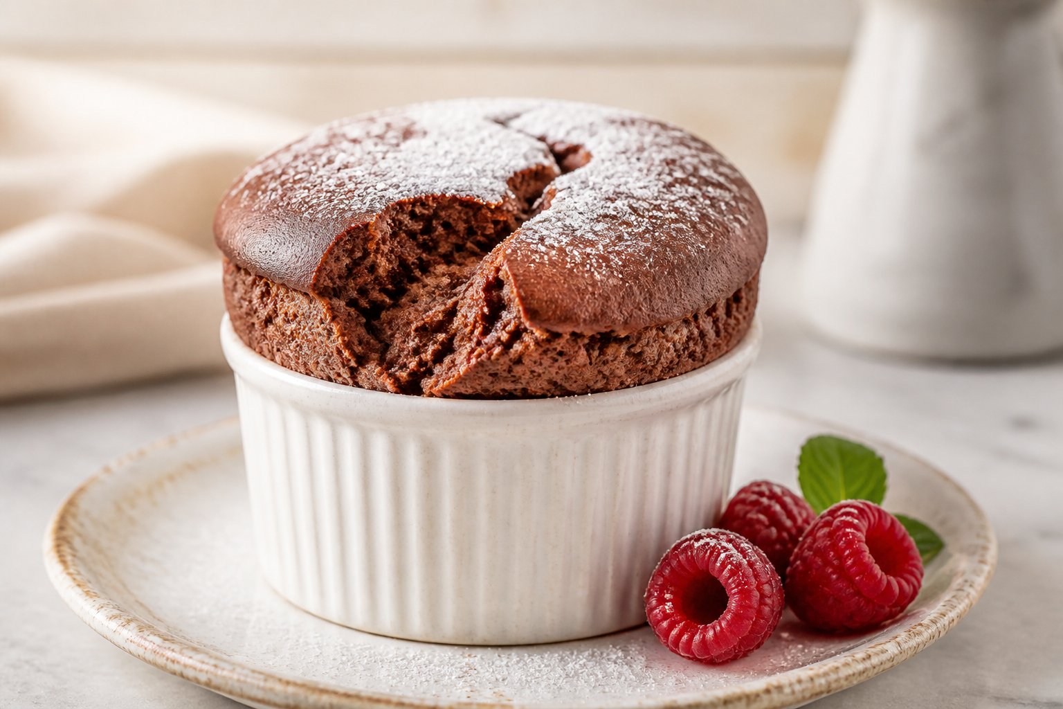 A freshly baked chocolate soufflé dusted with powdered sugar and served with raspberries.