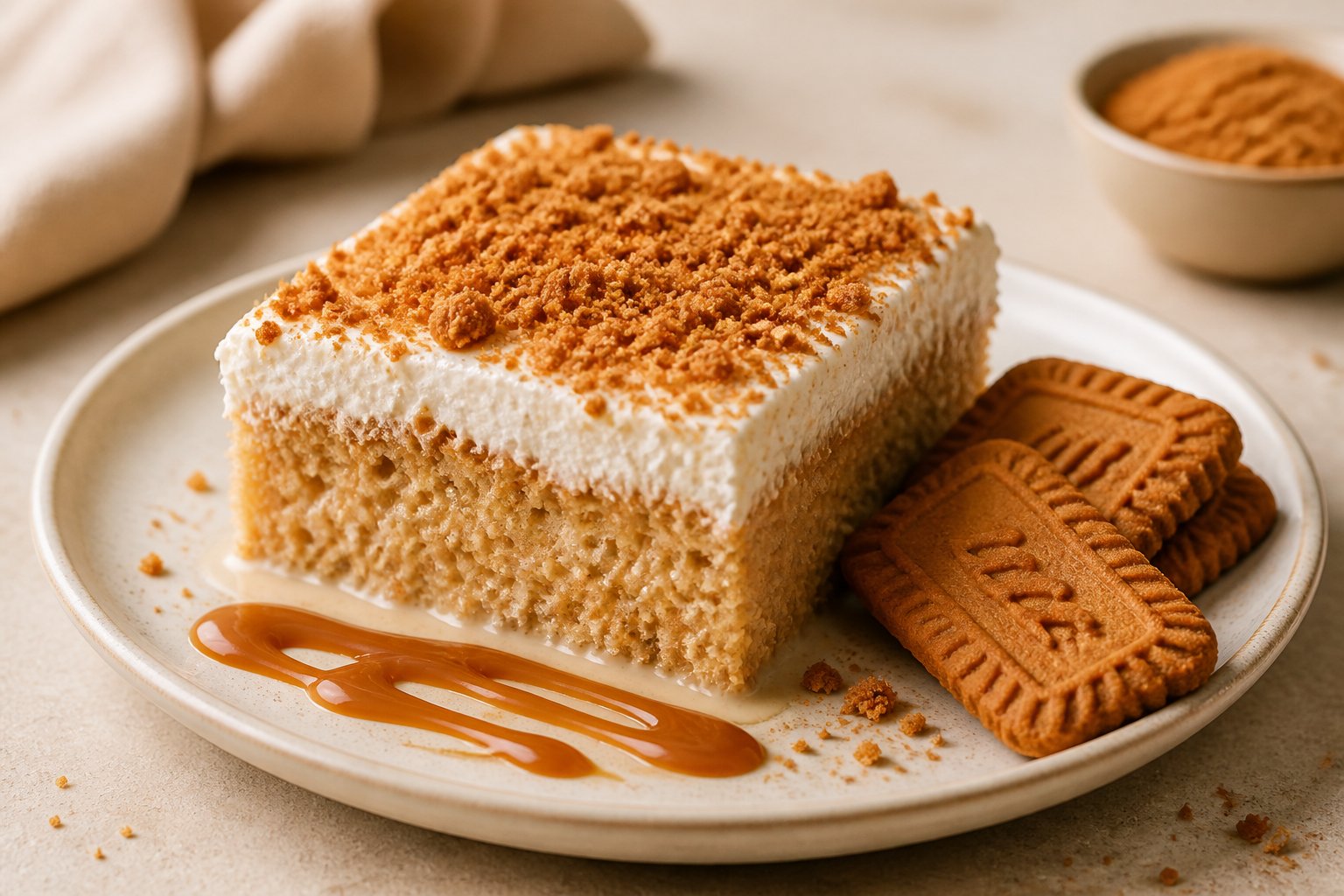 A slice of Biscoff tres leches cake topped with whipped cream and biscuit crumbs on a plate.