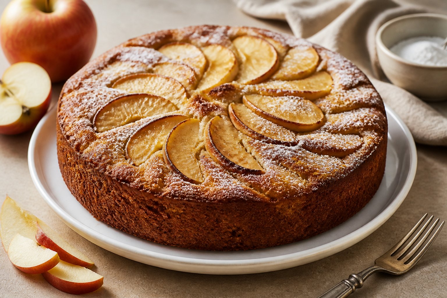 A golden apple cake with baked apple slices sits on a white plate beside a fork.