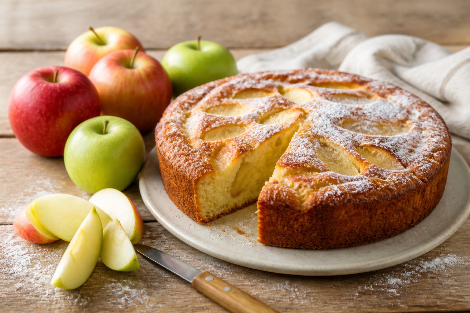 A golden apple cake surrounded by fresh red and green apples and sliced apple wedges on a wooden kitchen surface.