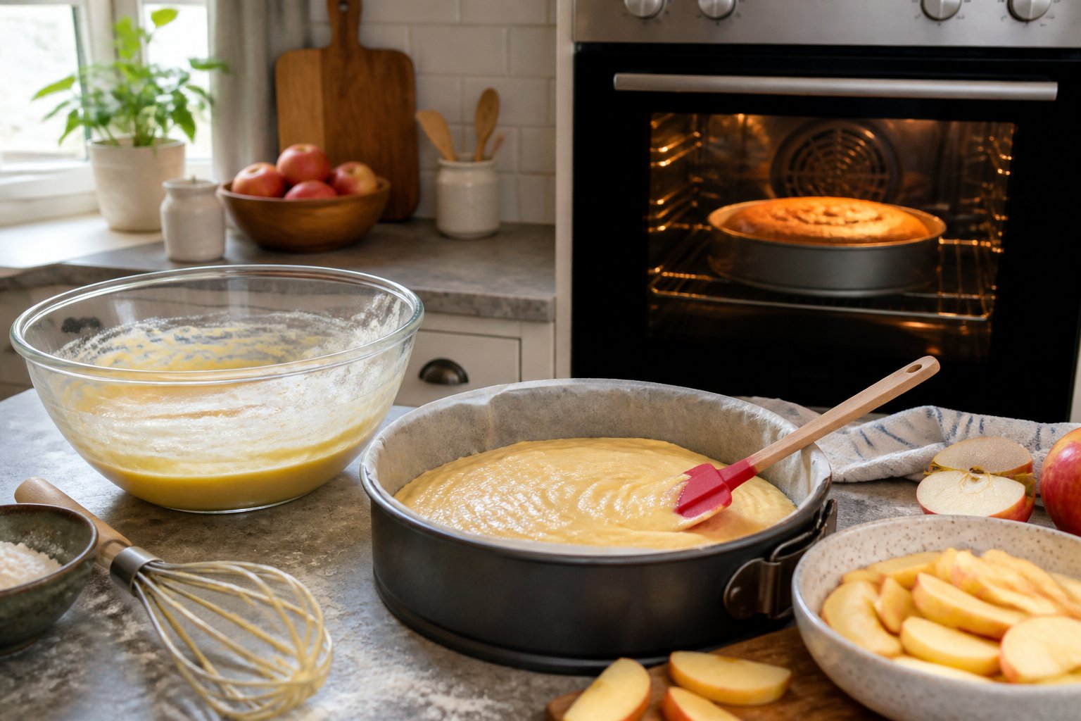 Apple cake batter is being spread evenly in a round pan beside sliced apples and a cake baking in an oven.