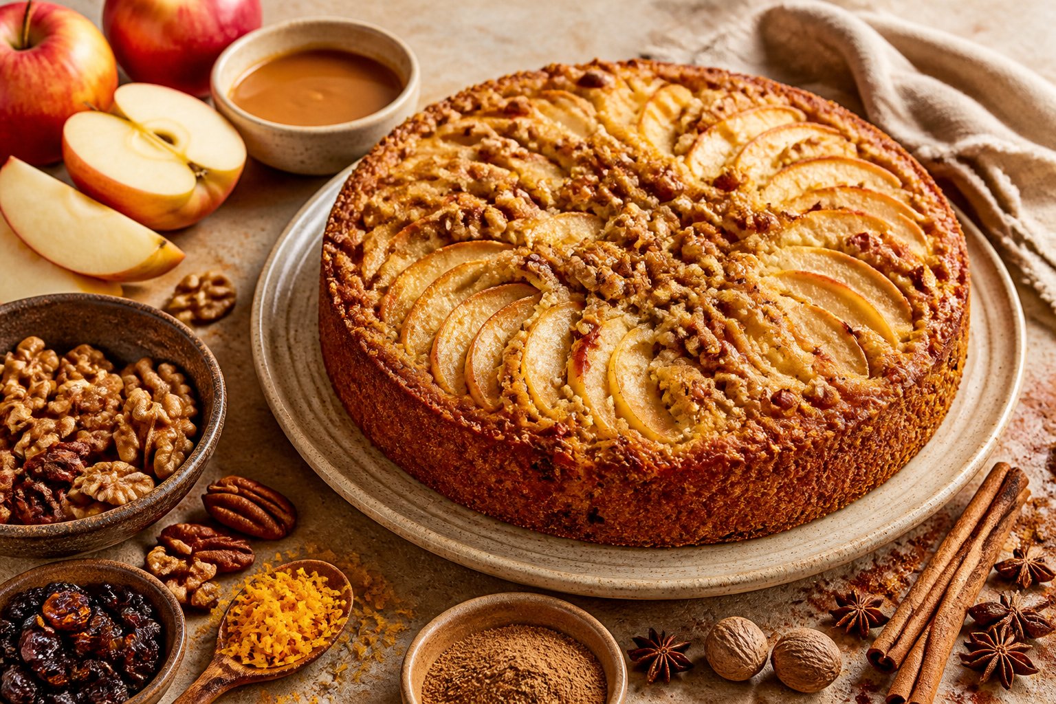 A golden apple cake surrounded by apples, nuts, cinnamon, and other baking spices.