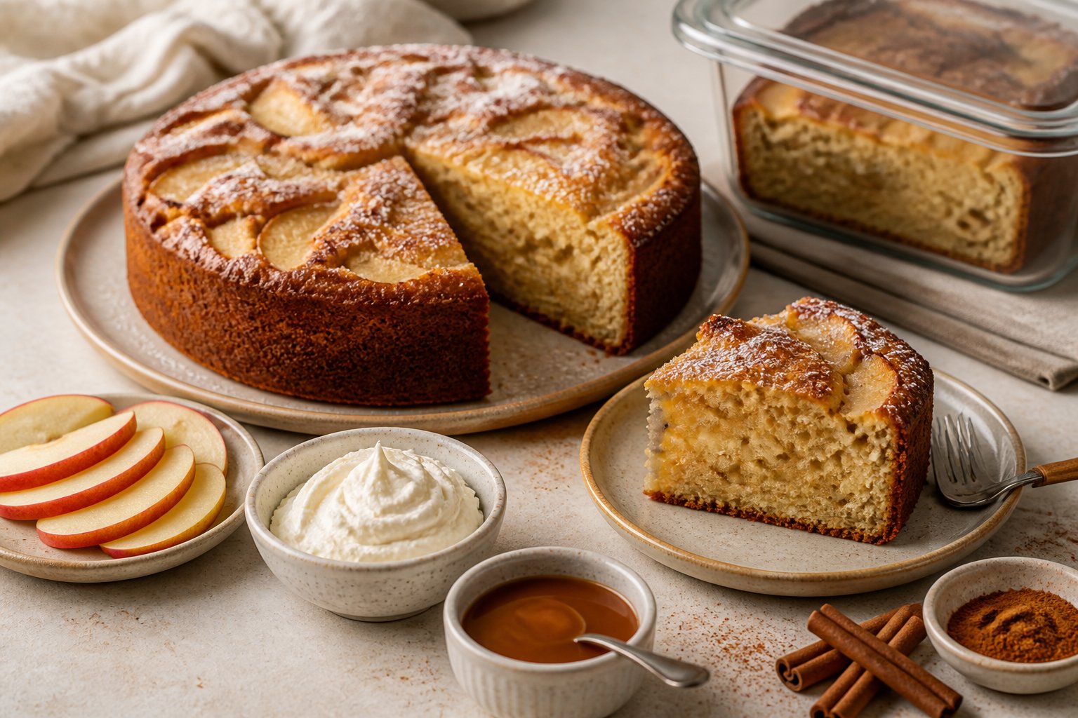 A golden apple cake with apple slices, powdered sugar, whipped cream, caramel sauce, and a storage container on a kitchen surface.