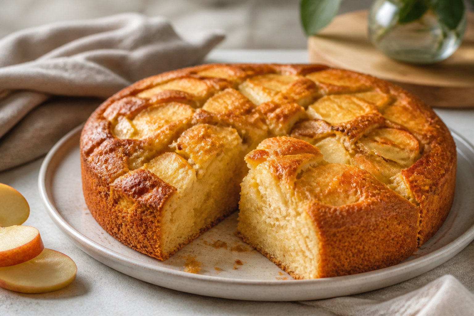 A golden homemade apple cake sliced and served on a ceramic plate with fresh apple slices nearby.