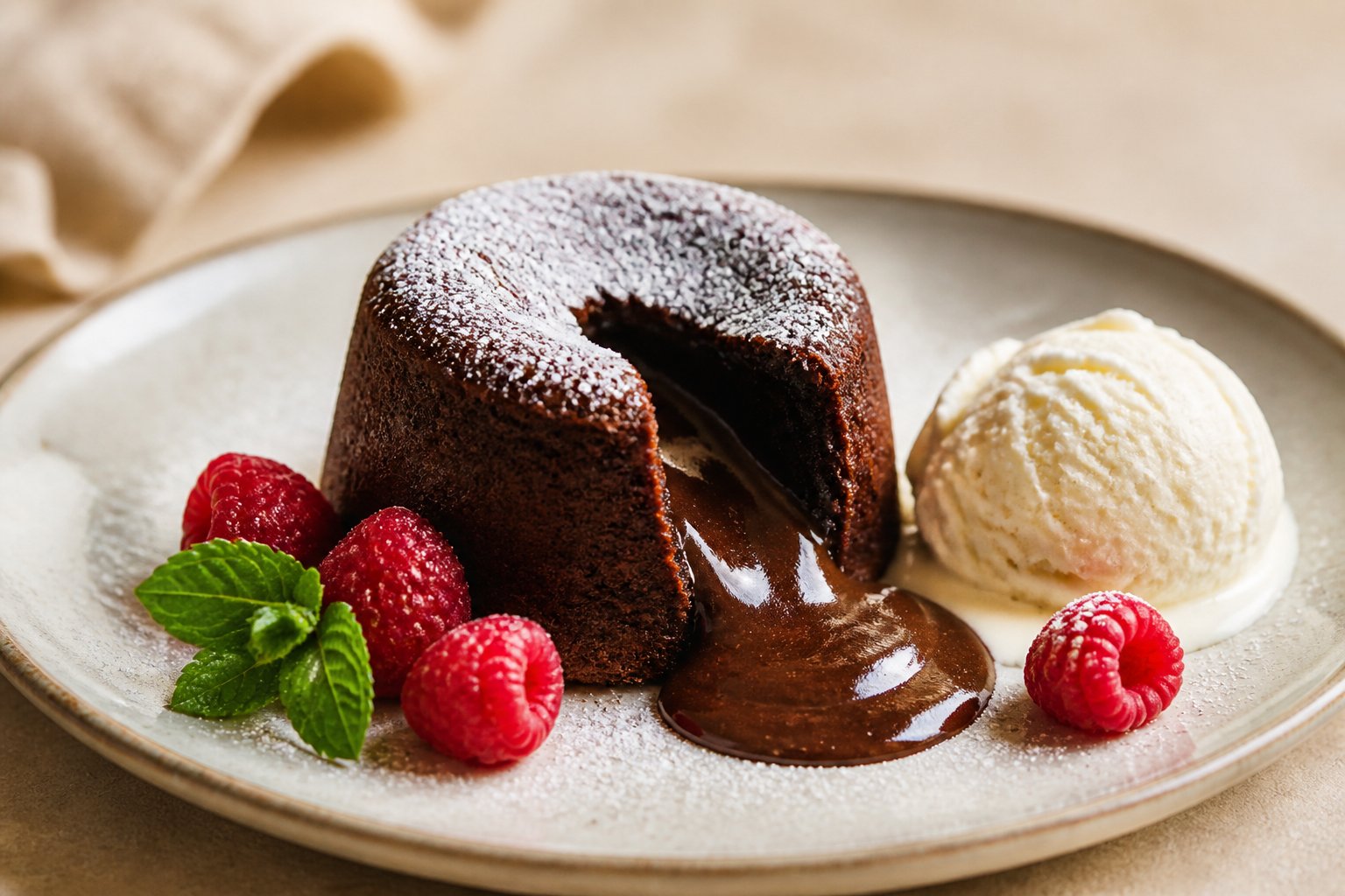 A chocolate lava cake with molten chocolate flowing from its center, served with vanilla ice cream, raspberries, and mint.