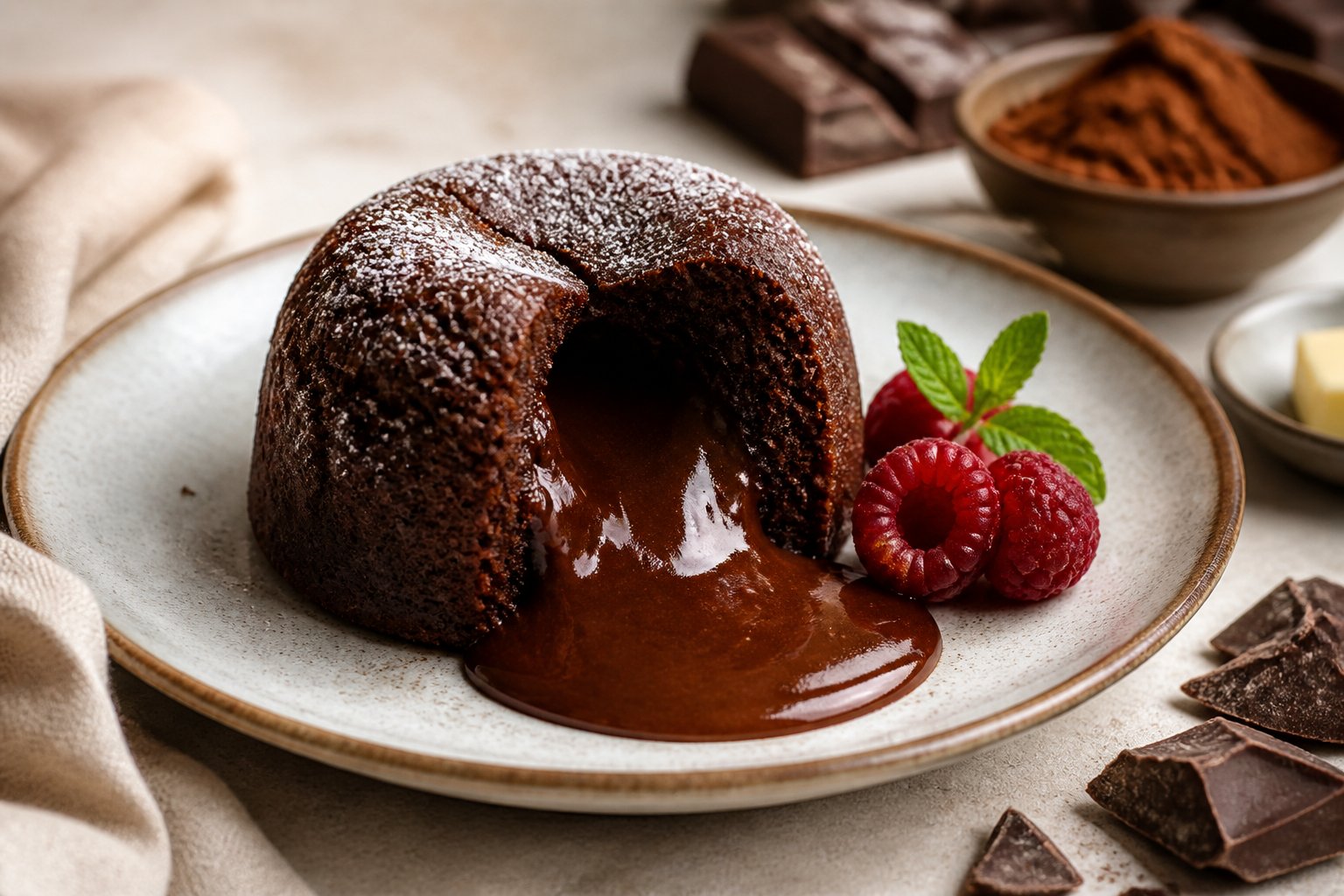 A chocolate lava cake is cut open, with warm melted chocolate flowing onto a plate beside raspberries and mint.