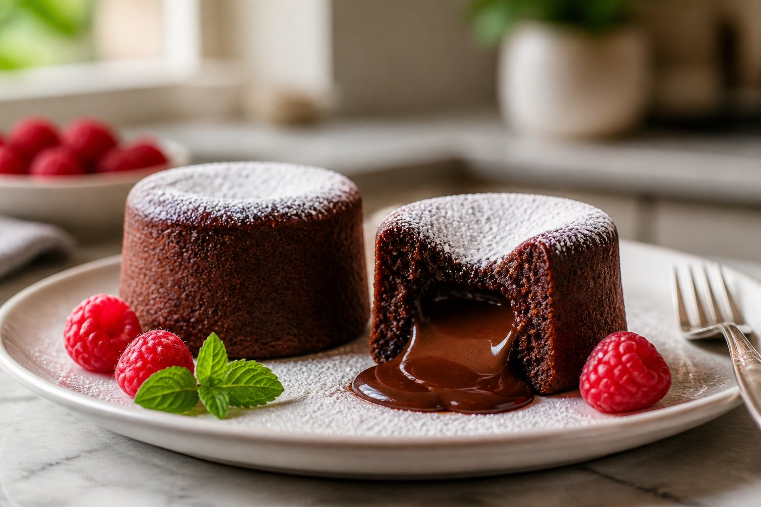 Two chocolate lava cakes on a plate, one cut open with melted chocolate flowing from the center.