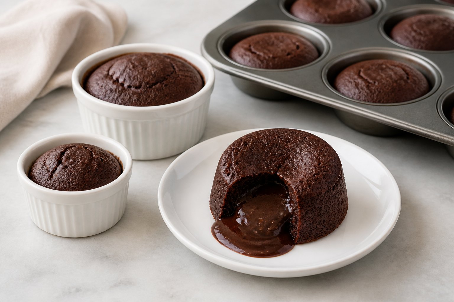 Chocolate lava cakes in ramekins and a muffin pan, with one cut open to show a molten center.