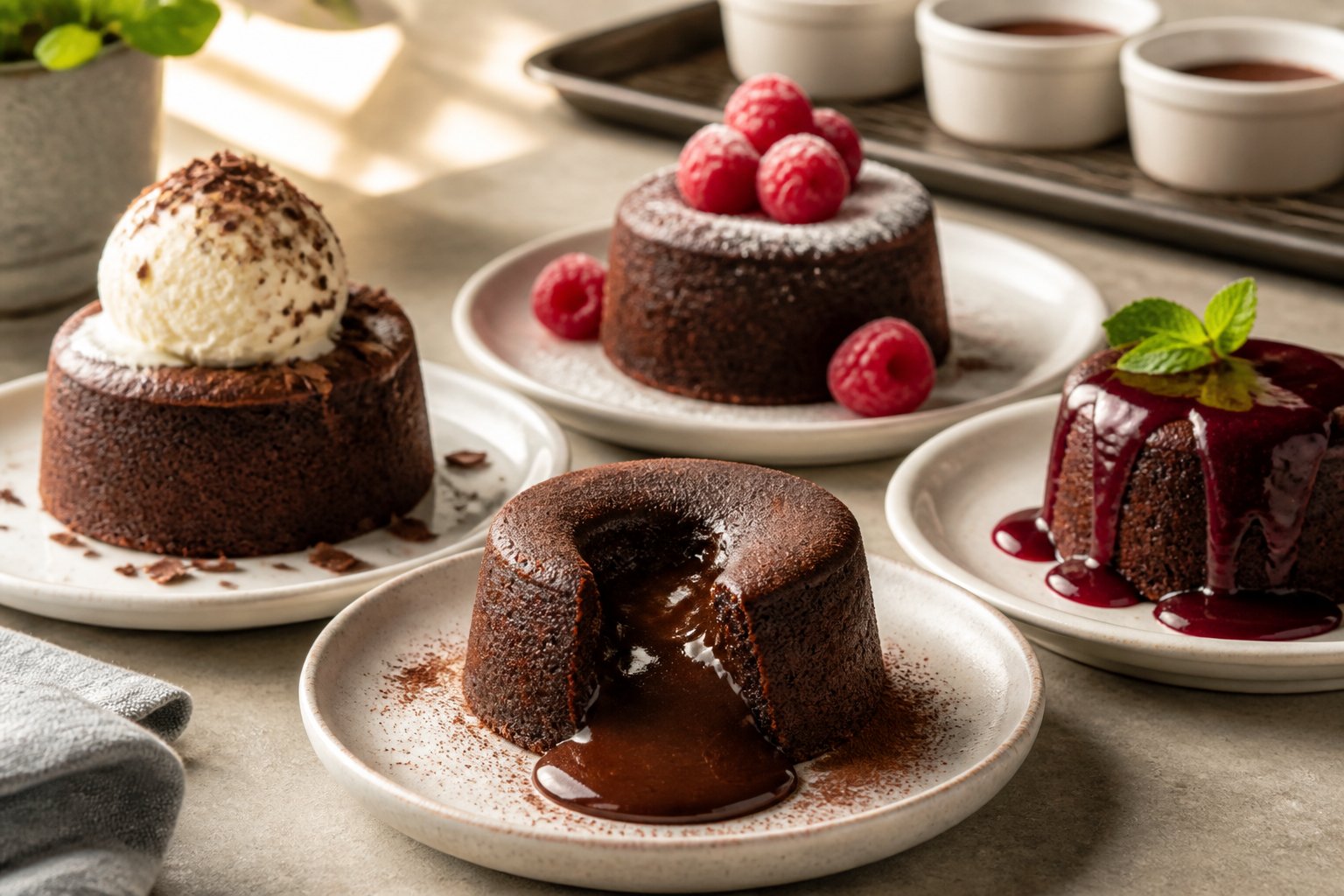 Several chocolate lava cakes with flowing centers are decorated with ice cream, berries, powdered sugar, chocolate shavings, and mint.