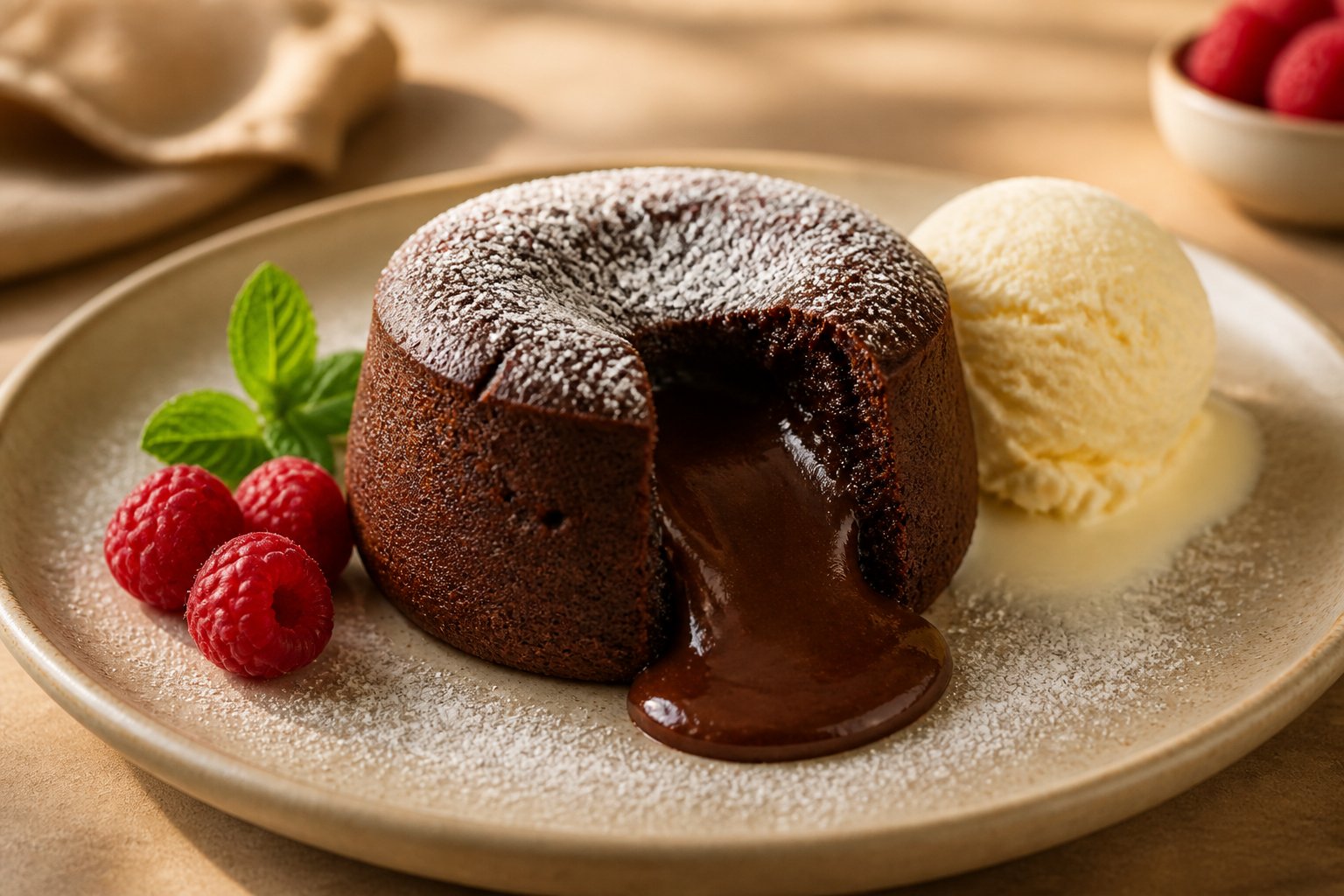 A warm chocolate lava cake with molten chocolate flowing from the center, served with vanilla ice cream, raspberries, and mint.